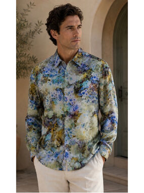Men's Stenströms Floral Button Down Shirt, Blue Yellow 44/17.5 XL Luxury New